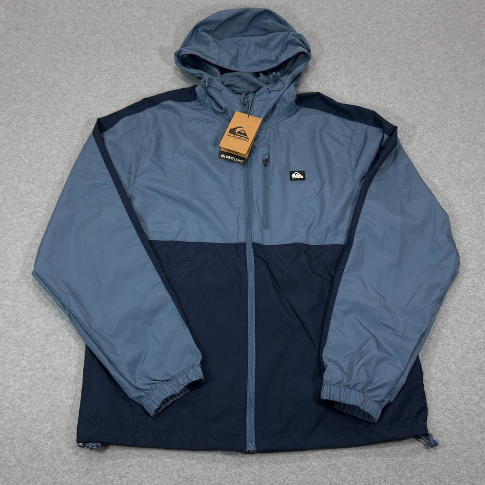 Quiksilver DryFlight Packable Jacket Mens Medium Blue Rain Windbreaker Hood NWT